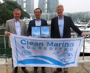 First in Asia: the ‘Fish Friendly Marina’ presentation to Marina at Keppel Bay, Singapore, (l-r) Andrew Chapman CMM, Trevor Fong CMP and Colin Bransgrove.
